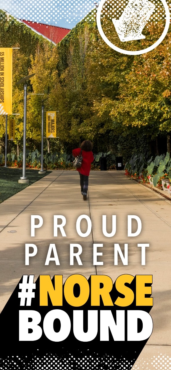 #NorseBound student walking on campus with trees in fall colors and university flags on the left.