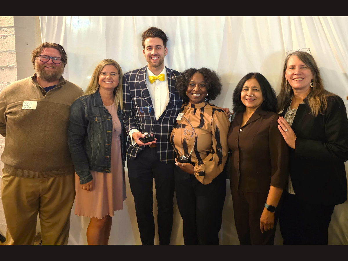 Darrin Wilson, Missy Gish, Sam Shelton, Kayla Lowe, Shamima Ahmed and Julie Olberding posing with awards