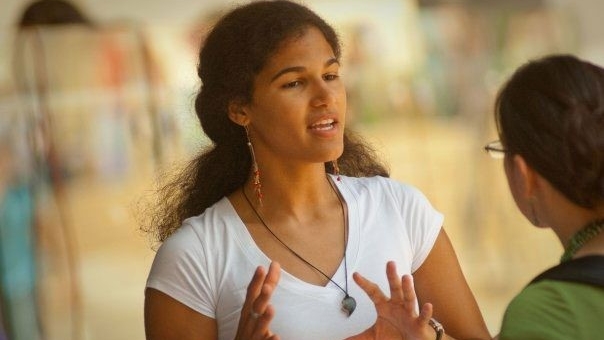 Two students engaged in a conversation